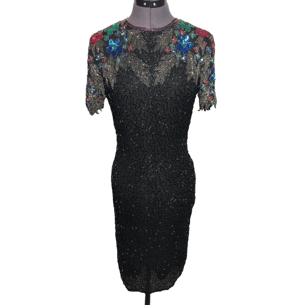 Vtg 80s Swee Lo Beaded Silk Dress Floral Sequin Cocktail‎ Open Back 34-28-35 PS